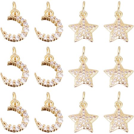 NBEADS 12 Pcs 2 Style Cubic Zirconia Pendant Charms, 18K Gold Plated Moon and Star Charms Micro Pave Clear CZ Brass Pendant for Jewelry Making