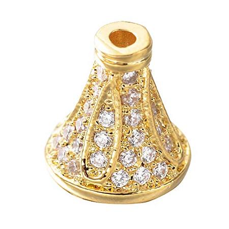 ARRICRAFT 20pcs Golden Color Brass Micro Pave Cubic Zirconia Bead for Jewellery Making, Cones Shape, 9x8mm, Hole: 1mm & 3mm