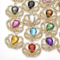 NBEADS Brass Cabochons, with Acrylic Rhinestone and Glass Rhinestone, Crown, Golden, Mixed Color, 28~29x35x6mm