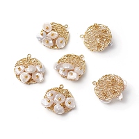 Electroplated Pearl Pendants, Filigree, with Brass Findings, Flat Round, Golden, 20x22x7.3mm, Hole: 1.2mm