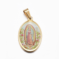 Honeyhandy 304 Stainless Steel Lady of Guadalupe Pendants, Flat Oval, with Virgin Mary, Golden, 27x17x3mm, Hole: 6x4mm