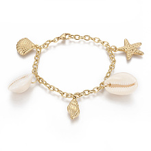 Honeyhandy 304 Stainless Steel Charm Bracelets, with Natural Cowrie Shell, Starfish/Sea Stars with Shell and Conch, Golden, 7-3/4 inch(19.6cm), 4mm