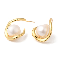 Honeyhandy Twist Teardrop with Natural Pearl Stud Earrings, Rack Plating Brass Jewelry for Women, Cadmium Free & Lead Free, Real 18K Gold Plated, 25x19mm, Pin: 0.8mm