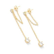 Honeyhandy Brass Micro Pave Clear Cubic Zirconia Cable Chain Tassel Earrings, Long-Lasting Plated, Real 18K Gold Plated, 48mm, Pin: 0.7mm