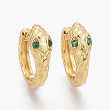 Honeyhandy Brass Micro Pave Clear Cubic Zirconia Huggie Hoop Earrings, Long-Lasting Plated, Snake, Green, Real 18K Gold Plated, 18x14.5x5.5mm, Pin: 1mm