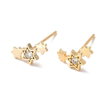 Honeyhandy Clear Cubic Zirconia Triple Star Stud Earrings, Brass Jewelry for Women, Cadmium Free & Nickel Free & Lead Free, Real 18K Gold Plated, 5.5x11mm, Pin: 0.6mm