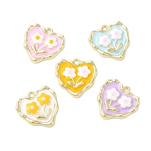 Honeyhandy Alloy Eanmel Pendants, Heart with Flower Charm, Golden, Mixed Color, 18x18x2.5mm, Hole: 1.6mm