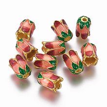 Honeyhandy Alloy Bead Caps, with Enamel, 5-Petal, Light Gold, Light Salmon, 11x8mm, Hole: 2mm