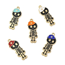 Alloy Enamel Pendants, Skeleton with Hat Charm, Golden, Mixed Color, 32.5x13x1.5mm, Hole: 1.6mm