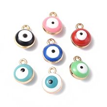 Honeyhandy Alloy Enamel Charms, Golden, Flat Round with Evil Eye Charm, Mixed Color, 9x7x5mm, Hole: 1mm