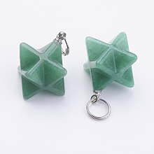 Honeyhandy Natural Green Aventurine Pendants, with 201 Stainless Steel Split Rings, Stainless Steel Color, Merkaba Star, 22~23x16.5~17x19mm, Hole: 6mm