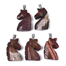 Honeyhandy Carved Natural Red Jasper Pendants, with Stainless Steel Bails, Unicorn, Stainless Steel Color, 38~41x11~14x24~25mm, Hole: 9x4mm