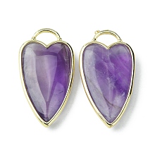 Honeyhandy Natural Amethyst Pendants, Faceted Heart Charms, with Rack Plating Light Gold Plated Brass Edge, 34.5x18x7mm, Hole: 7x5mm