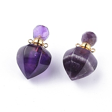 Honeyhandy Faceted Natural Amethyst Openable Perfume Bottle Pendants, with 304 Stainless Steel Findings, Peach Shape, Golden, 35~36x18~18.5x21~21.5mm, Hole: 1.8mm, Bottle Capacity: 1ml(0.034 fl. oz)