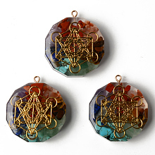 Honeyhandy Flat Round Epoxy Resin Pendants, with Natural Amethyst & Lapis Lazuli & Sodalite & Green Aventurine & Tiger Eye & Carnelian & Red Jasper Chips inside, and Brass Sticker, Chakra Theme, 39.5x35x10.5~11.5mm, Hole: 1.8mm