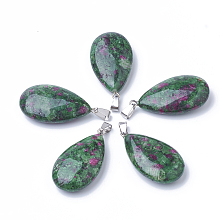 Honeyhandy Natural Ruby in Zoisite Pendants, with Alloy Findings, teardrop, Dyed, Platinum, 45~46x23~24x11~12mm, Hole: 8x4mm