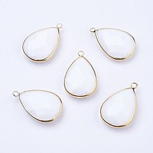 Honeyhandy Golden Tone Brass Glass Teardrop Pendants, Faceted, Snow, 18x10x5mm, Hole: 2mm