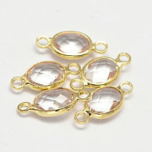 Honeyhandy Oval Faceted Golden Brass Glass Links connectors, Clear, 15x7x3.2mm, Hole: 1mm