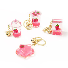 Honeyhandy Acrylic Keychain, with Zinc Alloy Lobster Claw Clasps, Iron Key Ring and Brass Bell, Mixed Shapes, Pink, 10~11.5cm