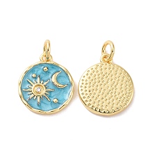 Honeyhandy Rack Plating Brass Pendants, with Enamel and Jump Ring, Cadmium Free & Lead Free, Long-Lasting Plated, Flat Round with Sun & Moon Pattern, Real 18K Gold Plated, 15x13x2mm, Jump Ring: 5x1mm, Inner Diameter: 3mm