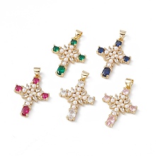 Honeyhandy Rack Plating Brass Micro Pave Cubic Zirconia Pendants, with Plastic Imitation Pearl, Cadmium Free & Lead Free, Long-Lasting Plated, Real 18K Gold Plated, Religion Cross Charm, Mixed Color, 26.5x19x3.5mm, Hole: 3x5mm