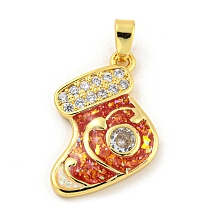 Christmas Brass Micro Pave Cubic Zirconia Pendant, with Synthetic Opal, Christmas Stocking, Crimson, 17x18x3mm, Hole: 5x3mm