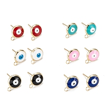 ARRICRAFT Eco-Friendly Brass Enamel Stud Earring Findings, with Loops, Real 18K Gold Plated, Flat Round with Eviel Eye, Mixed Color, 13x10mm, Hole: 1.8mm, Pin: 0.7mm