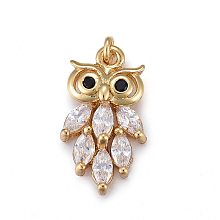 Honeyhandy Brass Micro Pave Clear Cubic Zirconia Pendants, Owl, Real 18K Gold Plated, 15x8.5x4.1mm, Hole: 3mm