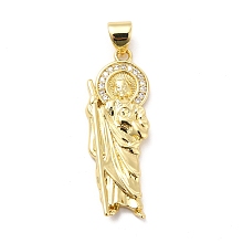 Honeyhandy Rack Plating Brass Micro Pave Cubic Zirconia Pendants, Religion Saint Jude Charm, Long-Lasting Plated, Cadmium Free & Lead Free, Real 18K Gold Plated, 29.5x10.5x2.5mm, Hole: 3.5x4mm