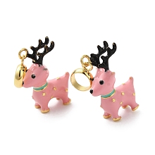 Christmas Rack Plating Brass Pendants, with Enamel, Long-Lasting Plated, Golden, Elk Charm, Pink, 21x15x7.5mm, Hole: 5.5mm