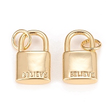 Honeyhandy Brass Charms, Inspirational Message Charms, with Jump Rings, Long-Lasting Plated, Lock with Word Believe, Real 18K Gold Plated, 13.8x8.3x3.1mm, Hole: 3.4mm