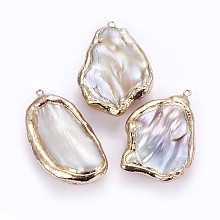 Honeyhandy Electroplate Natural Baroque Pearl Keshi Pearl Big Pendants, Cultured Freshwater Pearl, with Brass Findings, Nuggets, Golden, 37~58x27~42x12~14mm, Hole: 1.8mm