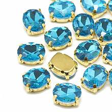 Honeyhandy Sew on Rhinestone, Multi-strand Links, Glass Rhinestone, with Brass Prong Settings, Garments Accessories, Faceted, Oval, Golden, Aquamarine, 14x10x6.5mm, Hole: 1mm