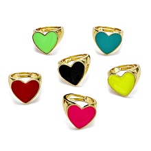 Honeyhandy Adjustable Brass Enamel Finger Rings, Heart, Real 18K Gold Plated, Mixed Color, US Size 7 1/2(17.7mm)