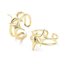 Honeyhandy Brass Open Cuff Rings, Double Star, Real 18K Gold Plated, US Size 7 1/4(17.5mm)