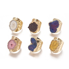 Honeyhandy Natural Druzy Agate Cuff Rings, Open Rings, with Brass Findings and Rhinestone, Golden, Mixed Color, Size 9~10, 19~20.5mm