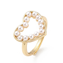 Honeyhandy Plastic Pearl Hollow Out Heart Adjustable Ring, Brass Jewelry for Women, Lead Free & Cadmium Free, Real 18K Gold Plated, Inner Diameter: 17mm