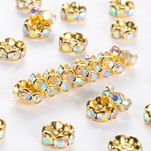 Honeyhandy Brass Rhinestone Spacer Beads, Grade A, Rondelle, Golden and Nickel Free, AB Color, Clear AB about 8mm in diameter, 3.8mm thick, hole: 1.5mm