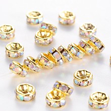 Honeyhandy Brass Grade A Rhinestone Spacer Beads, Golden Plated, Rondelle, Nickel Free, Crystal AB, 5x2.5mm, Hole: 1mm