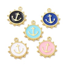 Honeyhandy Eco-Friendly Stainless Steel Enamel Pendants, Real 18K Gold Plated, Long-Lasting Plated, Flat Round with Anchor, Mixed Color, 20x16.5x2.2mm, Hole: 1.9mm