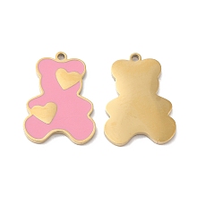 Honeyhandy Ion Plating(IP) 316L Surgical Stainless Steel Pendants, with Enamel, Bear with Heart Charm, Real 18K Gold Plated, 17x12.5x1.4mm, Hole: 1mm