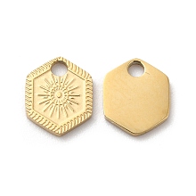 Honeyhandy Ion Plating(IP) 316L Surgical Stainless Steel Charms, Hexagon with Sun Charm, Textured, Real 18K Gold Plated, 8.2x7x1mm, Hole: 1.5mm