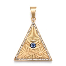 Honeyhandy 304 Stainless Steel Pendants, with Crystal Rhinestone and Resin, Triangle with Egyptian Eye of Horus, Golden, 48x40.5x7mm, Hole: 8x11mm