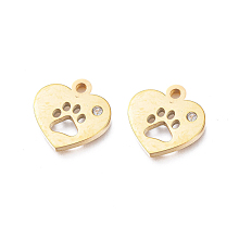 Honeyhandy Ion Plating(IP) 304 Stainless Steel Charms, Manual Polishing, with Crystal Rhinestone, Heart with Dog Paw Printed, Golden, 12x12x1.2mm, Hole: 1.8mm