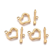 Honeyhandy Ion Plating(IP) 304 Stainless Steel Toggle Clasps, Heart, Golden, Heart: 20x18x2.6mm, Hole: 2.4mm, Bar: 7.5x23.4x2.6mm, Hole: 2mm