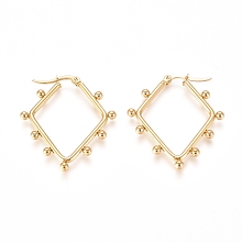 Honeyhandy 304 Stainless Steel Angular Hoop Earrings, Hypoallergenic Earrings, with Round Beads, Rhombus, Golden, 36.5x31.8x3mm, Pin: 0.5x0.9mm