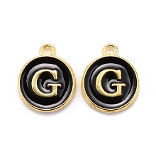 Honeyhandy Golden Plated Alloy Charms, Cadmium Free & Lead Free, with Enamel, Enamelled Sequins, Flat Round with Letter, Black, Letter.G, 14x12x2mm, Hole: 1.5mm