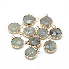 Honeyhandy Natural Labradorite Pendants, with Brass Findings, Faceted, Flat Round, Golden, Gray, 19~21x15~16x6~7mm, Hole: 2mm