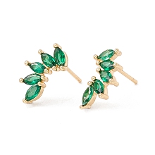 Honeyhandy Green Clear Cubic Zirconia Leaf Stud Earrings, Brass Jewelry for Women, Lead Free & Cadmium Free, Real 18K Gold Plated, 14x8mm, Pin: 0.8mm