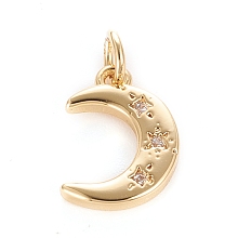 Honeyhandy Brass Micro Pave Clear Cubic Zirconia Pendants, with Jump Ring, Moon, Real 18K Gold Plated, 13x9.5x2mm, Hole: 3mm, Jump Ring: 5x0.8mm